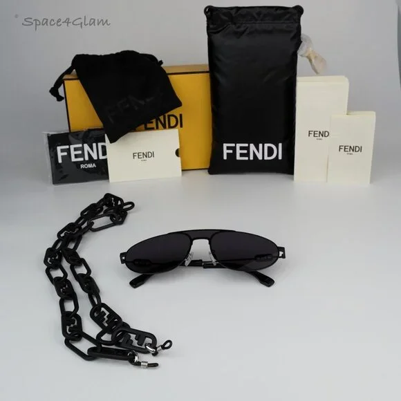 BRAND NEW Fendi FE40072U-Y 01A Black Dark Grey Chain Aviator Unisex Sunglasses